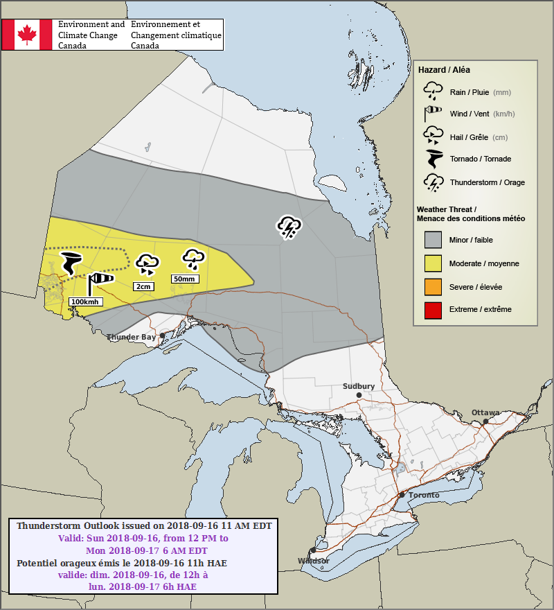 Northwestern Ontario Tornado Risk Included In Environment Canada S Forecast Map For Northwestern Ontario Today Sun Sept 16th 2018