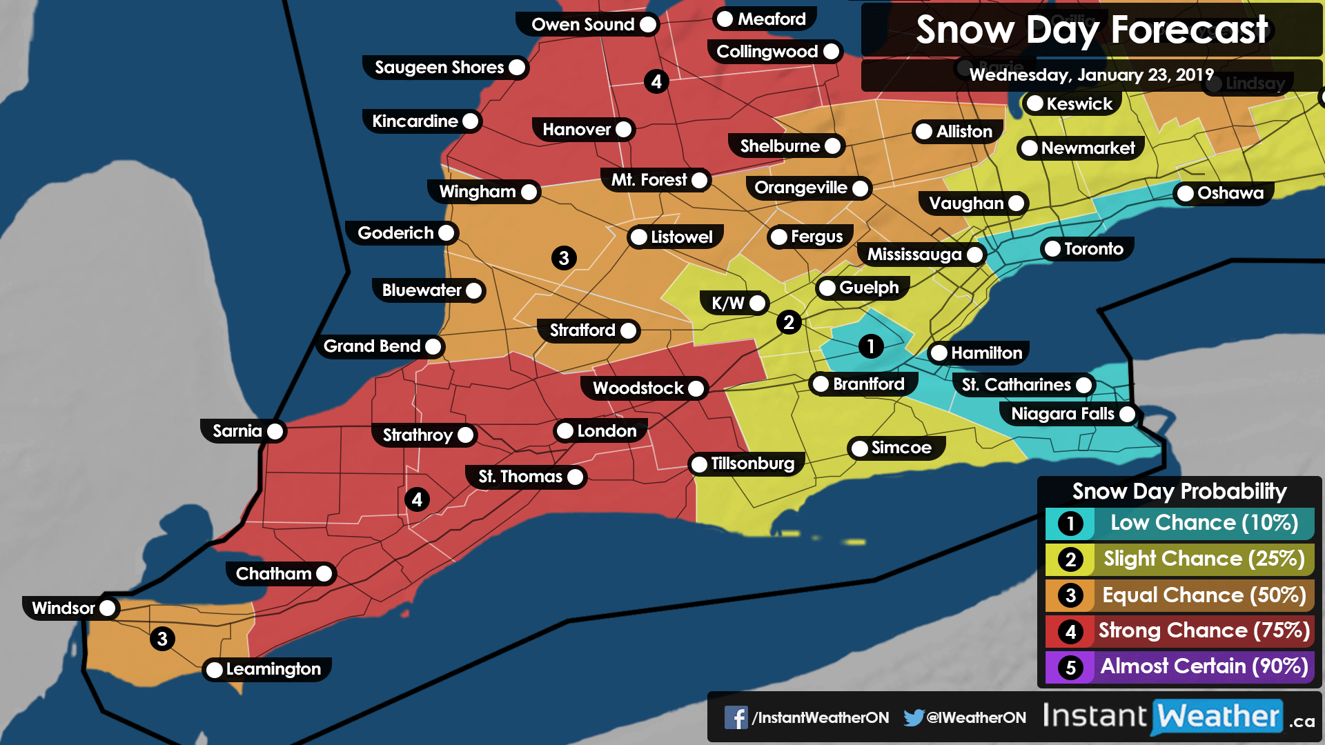 Southern Ontario: Snow Day (Bus Cancellation) Forecast for Wednesday, January 23, 2019