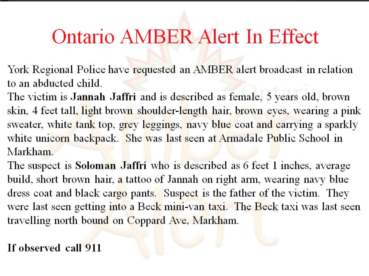 Amber Alert Issued 5 Year Old Girl In Markham Abducted 9679