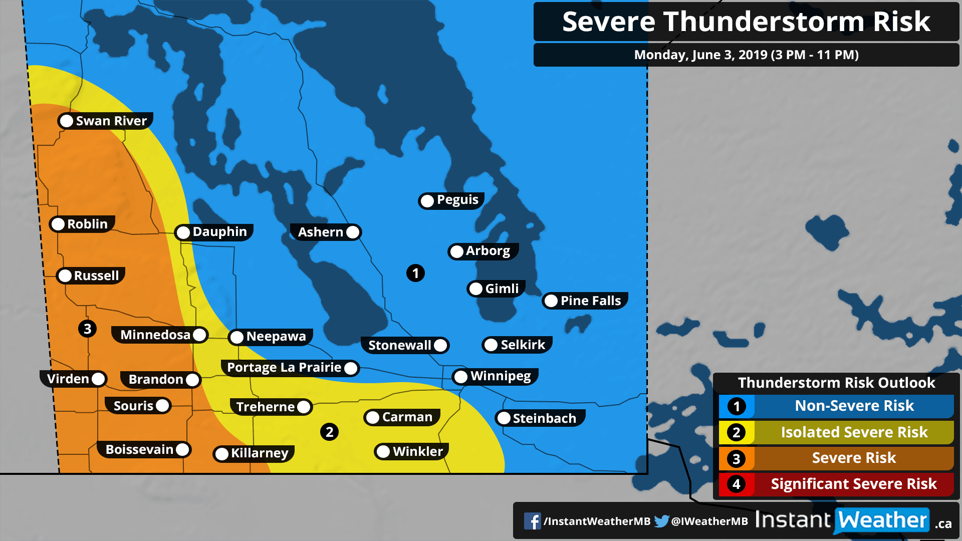 Risk Of Severe Thunderstorms Returns To Western Manitoba On Monday With Up To Walnut Size 4cm Hail And 100 Km H Wind Gusts Locations At Risk Include Brandon