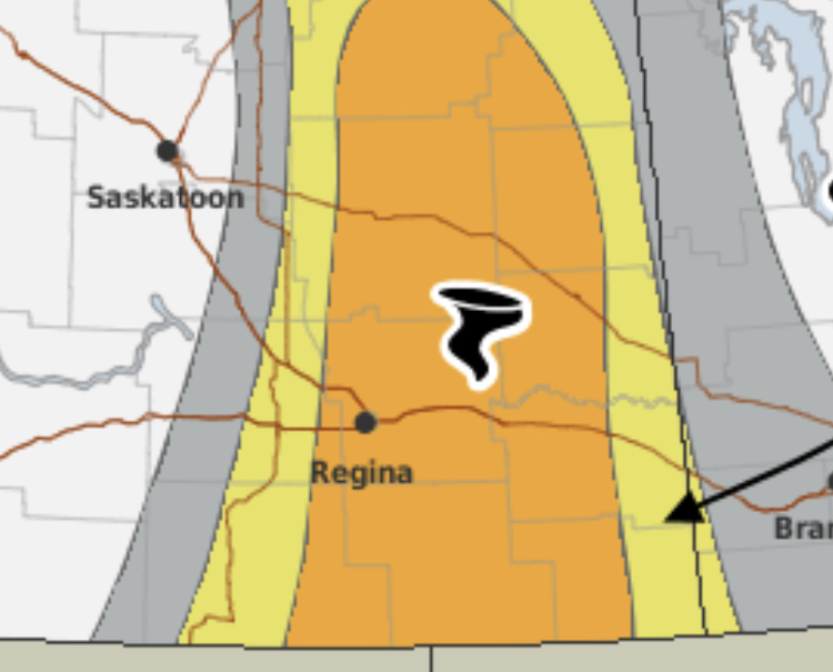 REGINA, YORKTON, Etc. Environment Canada is Forecasting The Risk of Tornadoes, 24cm Hail