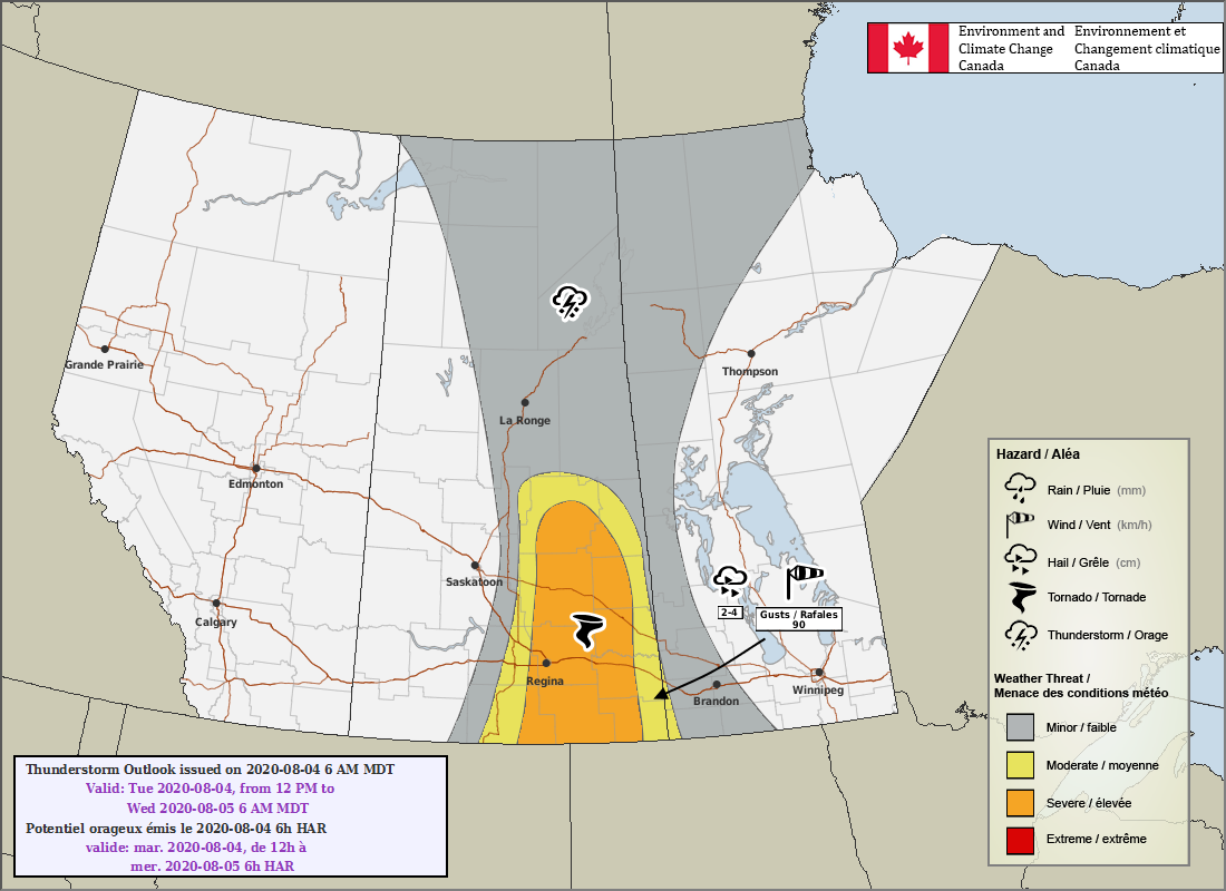 REGINA, YORKTON, Etc. Environment Canada is Forecasting The Risk of Tornadoes, 24cm Hail