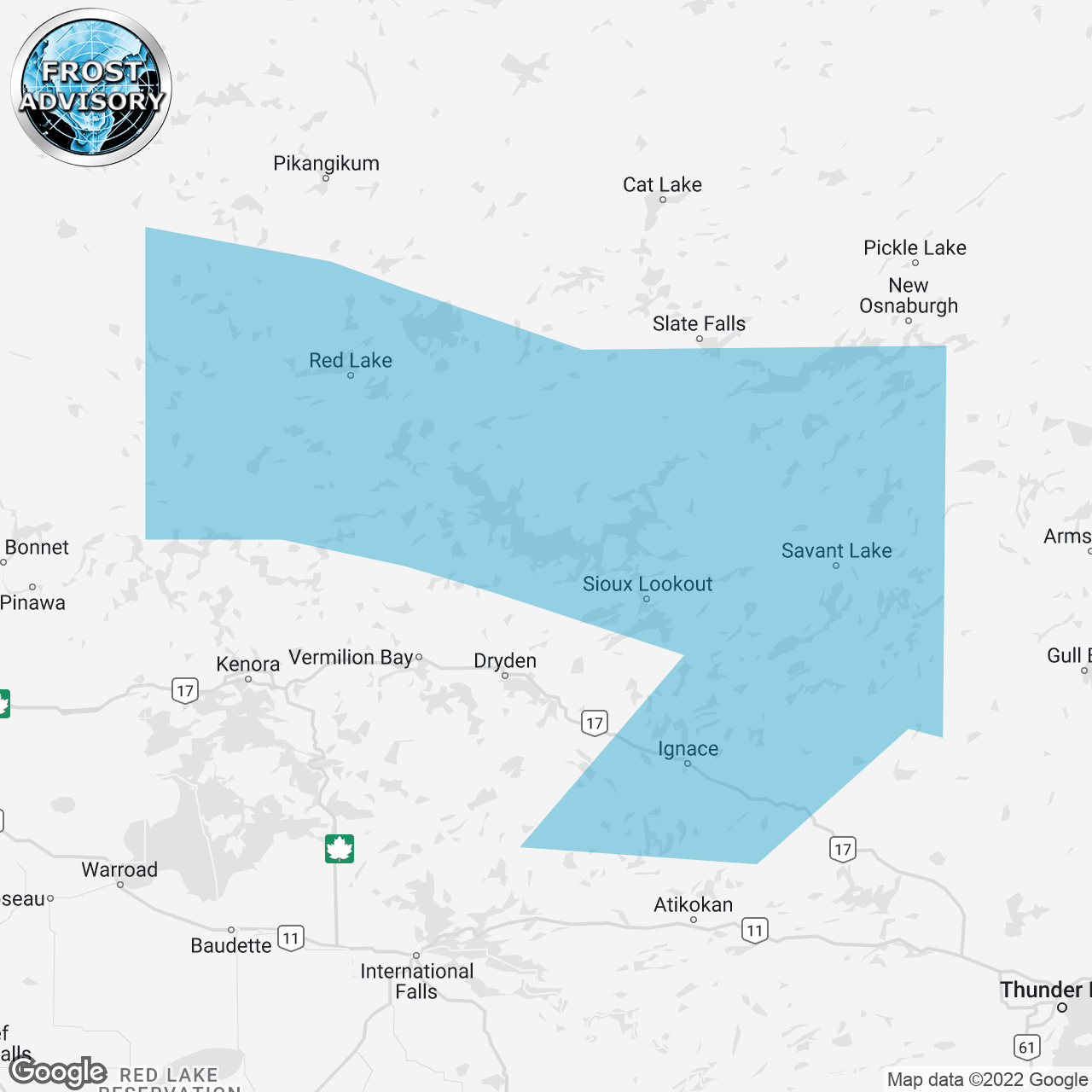 Frost advisory map showing affected areas